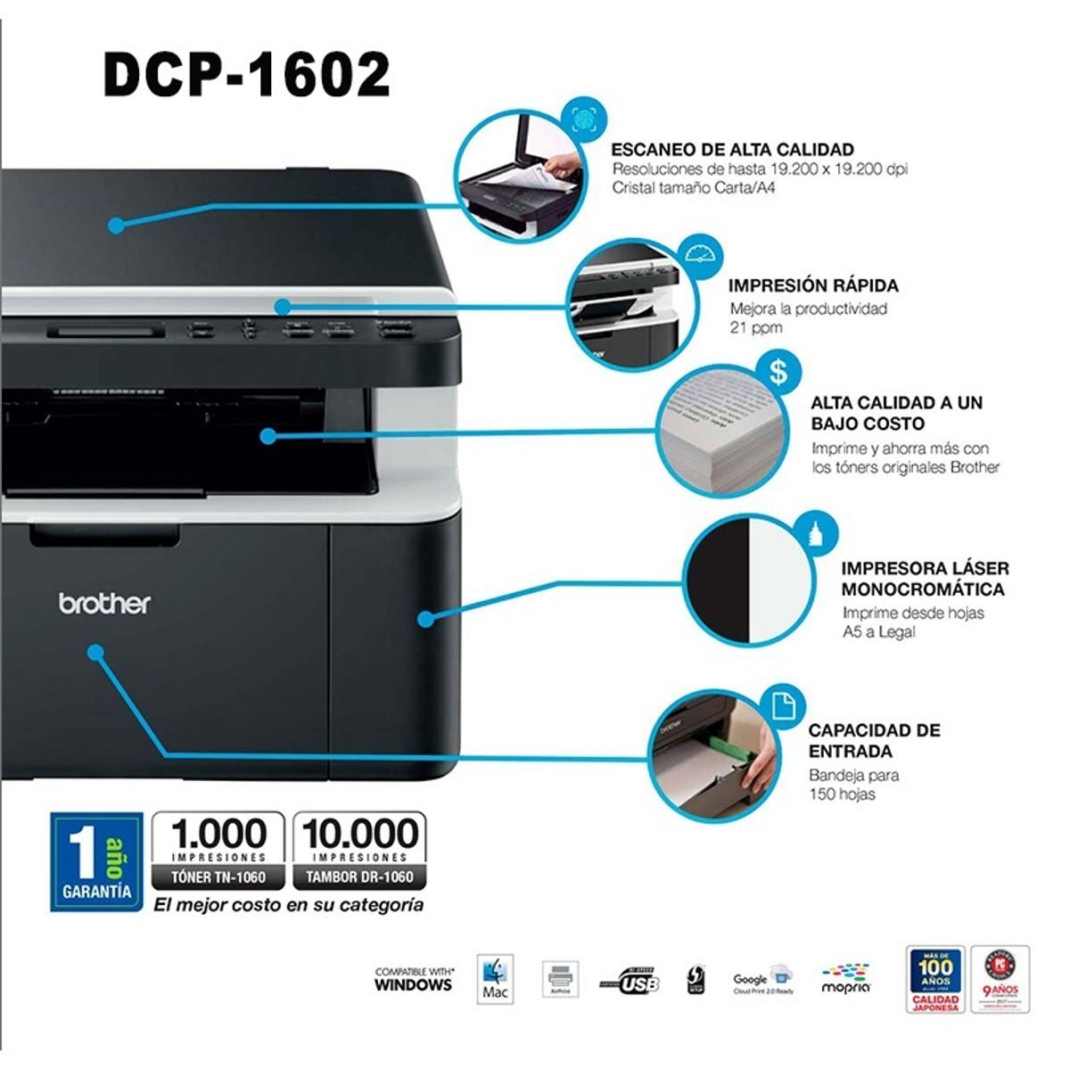 BROTHER - Impresora Láser Brother DCP-1602 Multifuncional USB