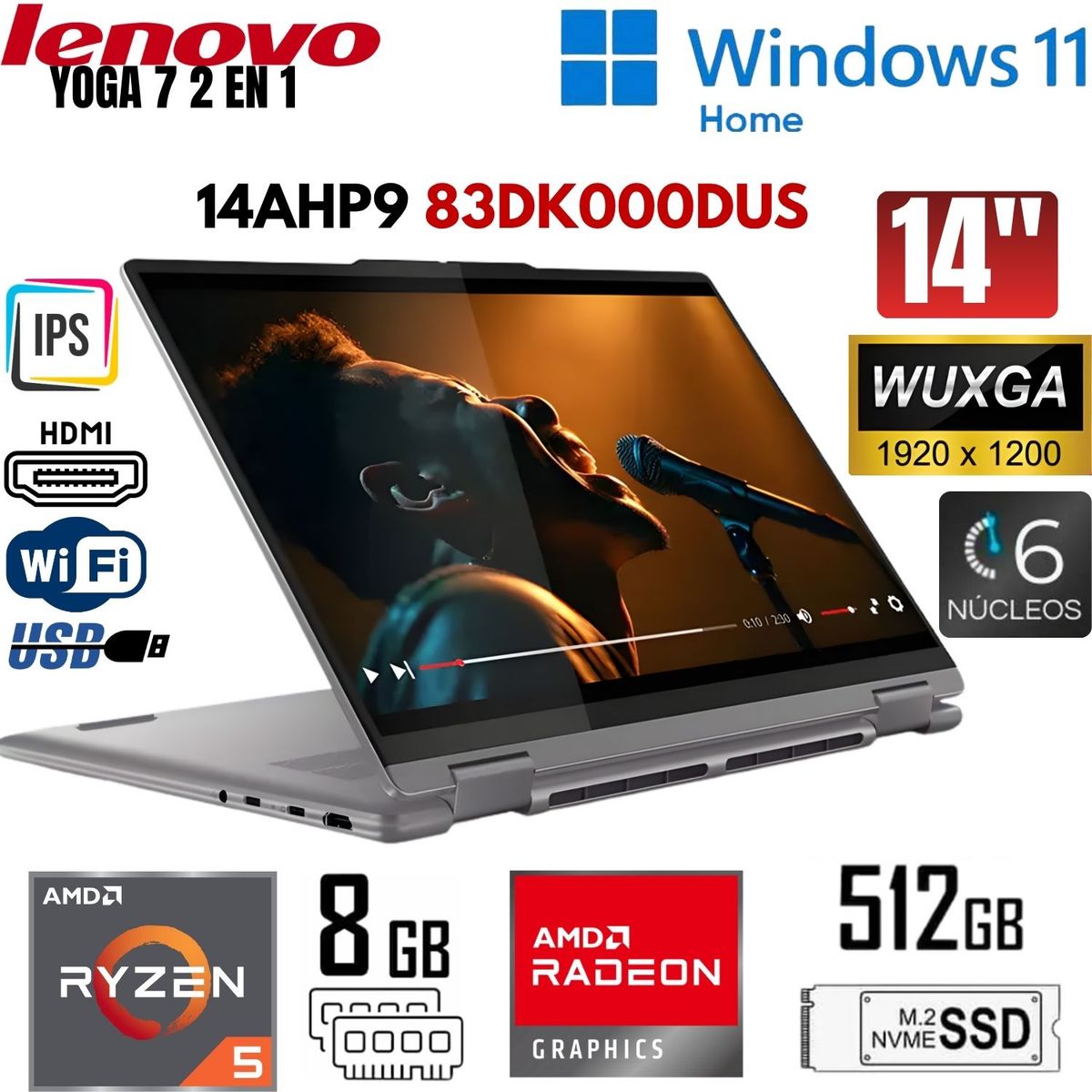 LENOVO - Laptop Lenovo 14HP9 Yoga 7 (2en1) AMD Ryzen5 - 8640HS 8GB RAM 512GB SSD 14" Pulg. WUXGA - 83DK000DUS