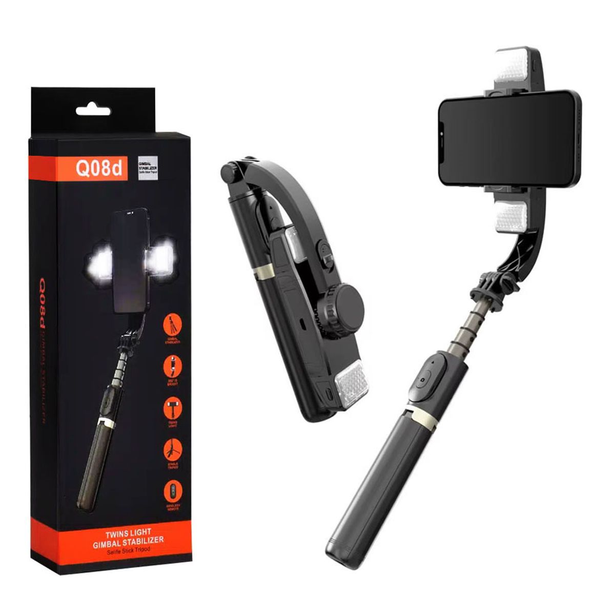 NANOTRON TECHNOLOGIES - Estabilizador Gimbal Q08d recargable con luz LED dual para celular  Negro