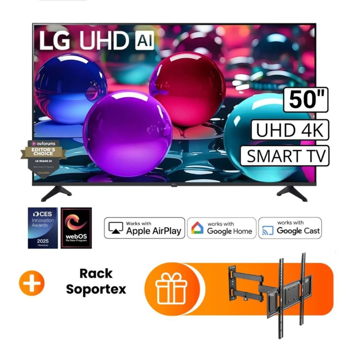 LG - Televisor Lg 50 Pulg Ultra HD 4K AI ThinQ 50UA7300PSB Modelo 2025- Negro + Rack Giratorio