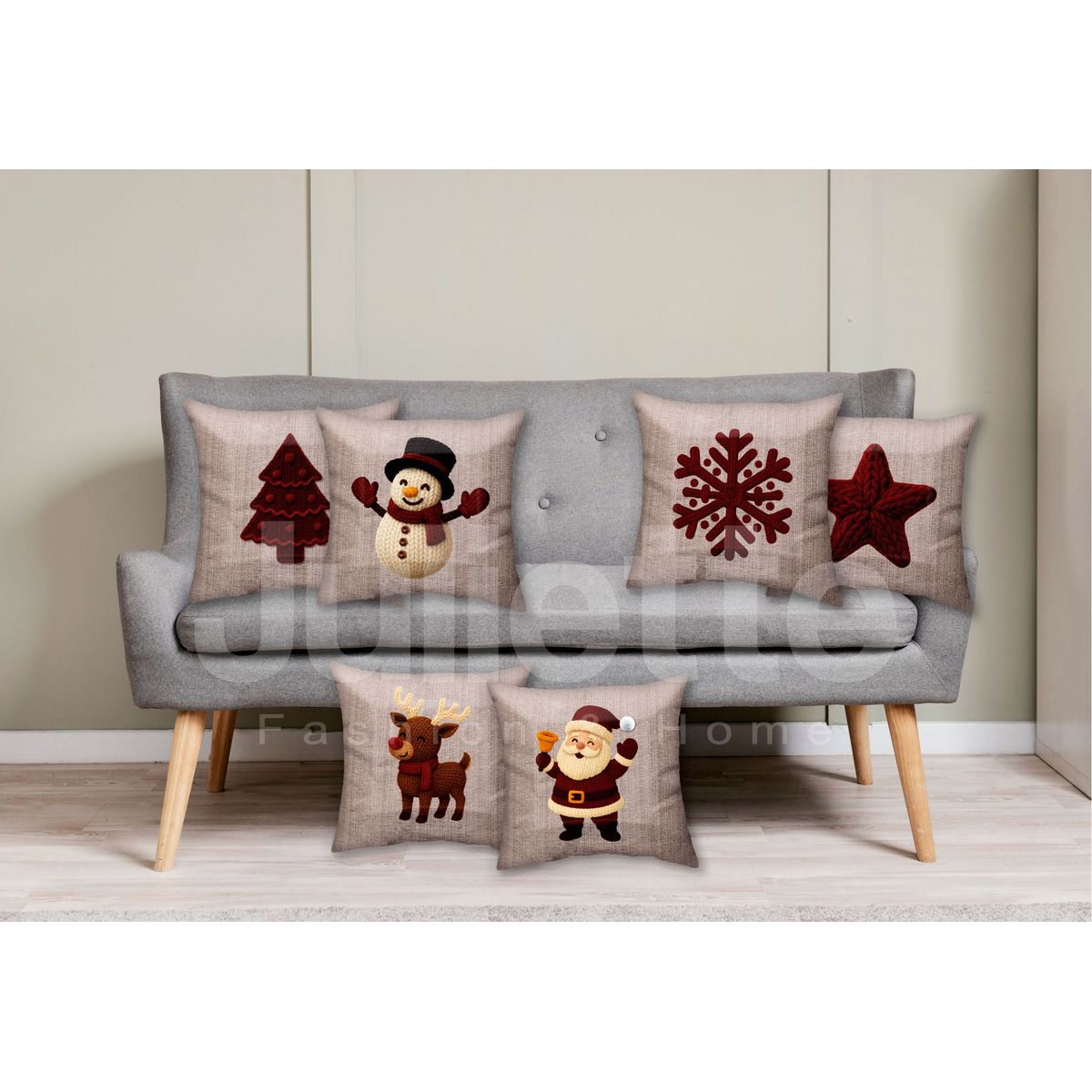 GENERICO - FUNDAS DE COJIN NAVIDEÑO EFECTO BORDADO Y APLICACIONES - PACK 6