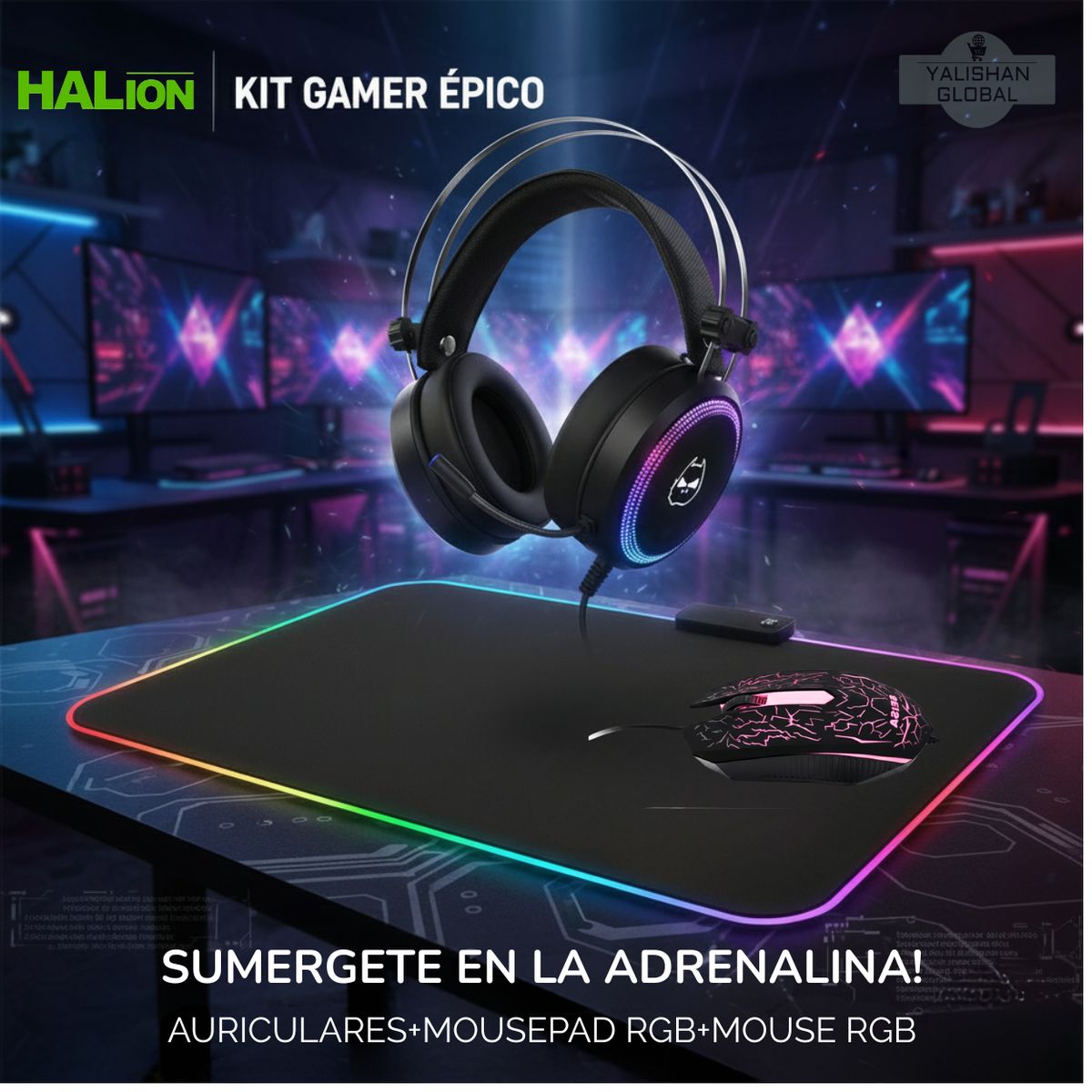 HALION - Kit 3 en 1 HALION KINGLITE AUDIFONO GAMER CON MICROFONO RGB/HA-940 7.1 USB + MOUSEPAD RGB + MOUSE