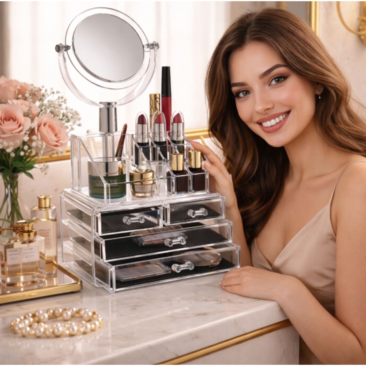 GENERICO - ORGANIZADOR DE COSMÉTICOS PORTA MAQUILLAJE Y ESPEJO DOBLE CARA CAJONES ACRÍLICO