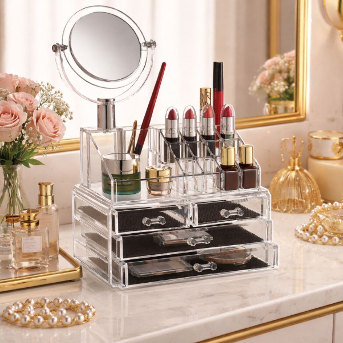 GENERICO - ORGANIZADOR DE COSMÉTICOS PORTA MAQUILLAJE Y ESPEJO DOBLE CARA CAJONES ACRÍLICO