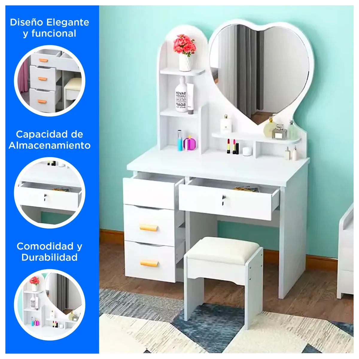 GENERICO - Tocador de Maquillaje Con Espejo y Taburete Para Dormitorio Blanco