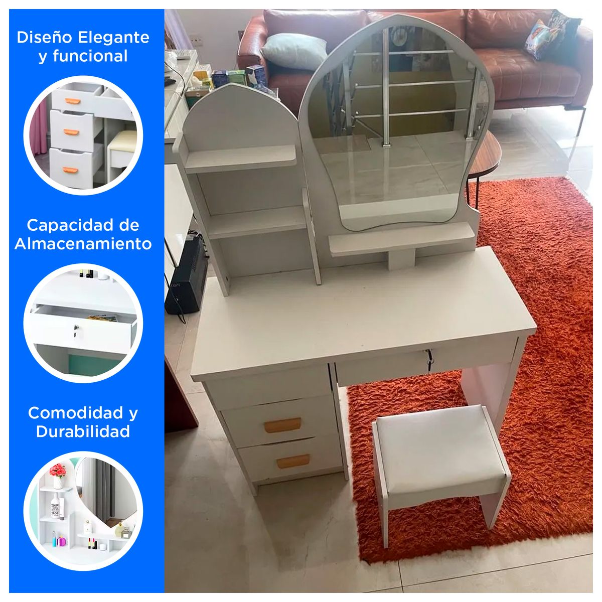 GENERICO - Tocador de Maquillaje Estilo Princesa con Asiento y Espejo Grande Blanco