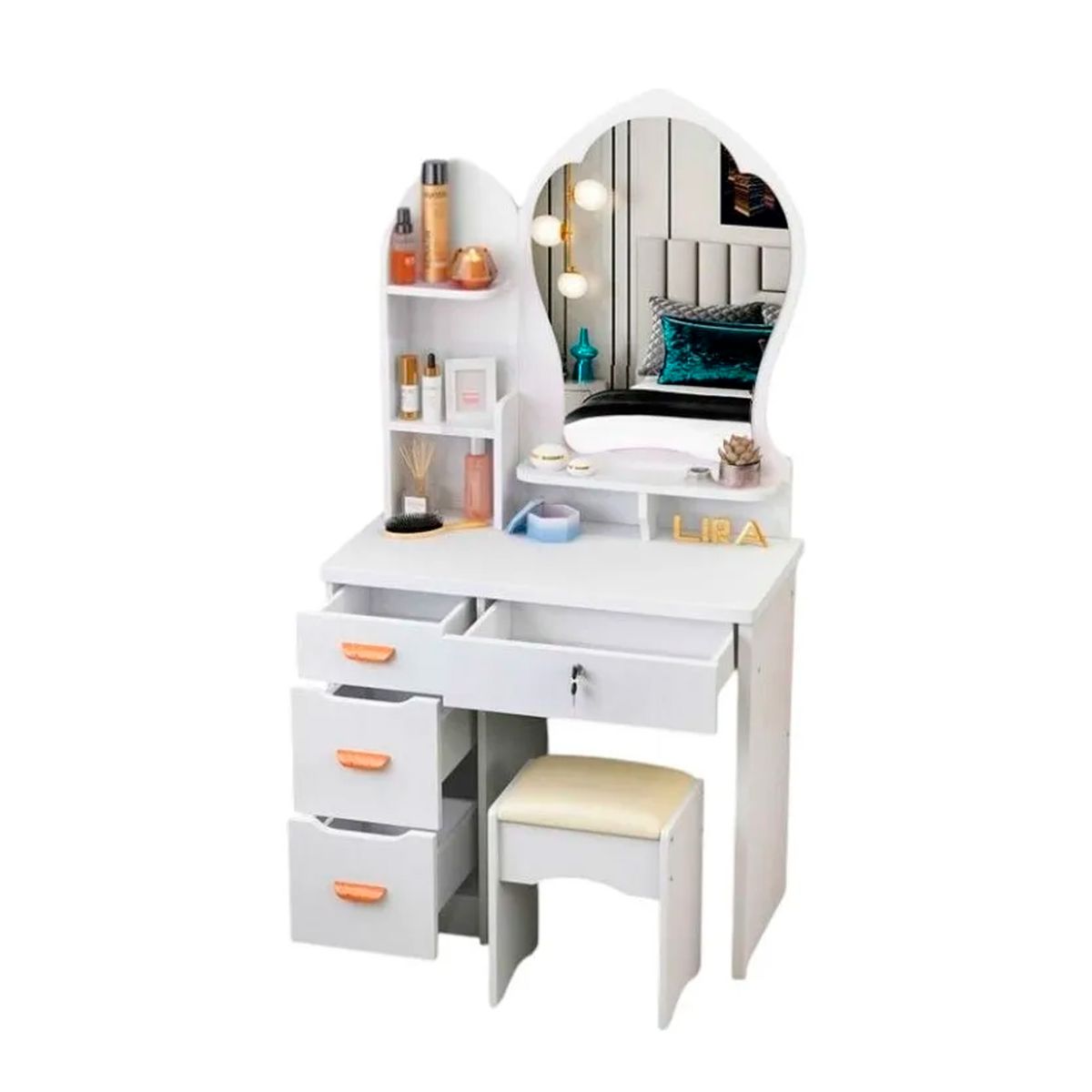 GENERICO - Tocador de Maquillaje Estilo Princesa con Asiento y Espejo Grande  Blanco