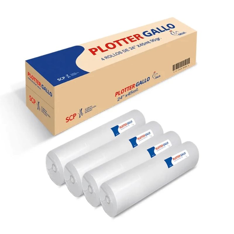 GALLO - Caja rollo de papel para plotter A1, Gallo 90 Gr, 45 mts, 24", 61 cm (4 und)