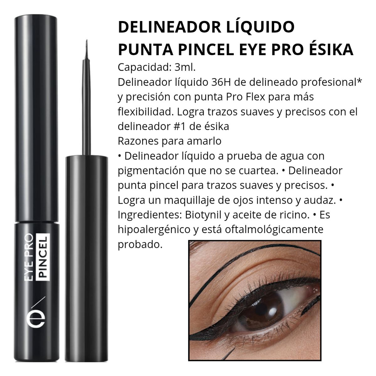 ESIKA - Delineador liquido negro punta pincel a prueba de agua ésika eye pro