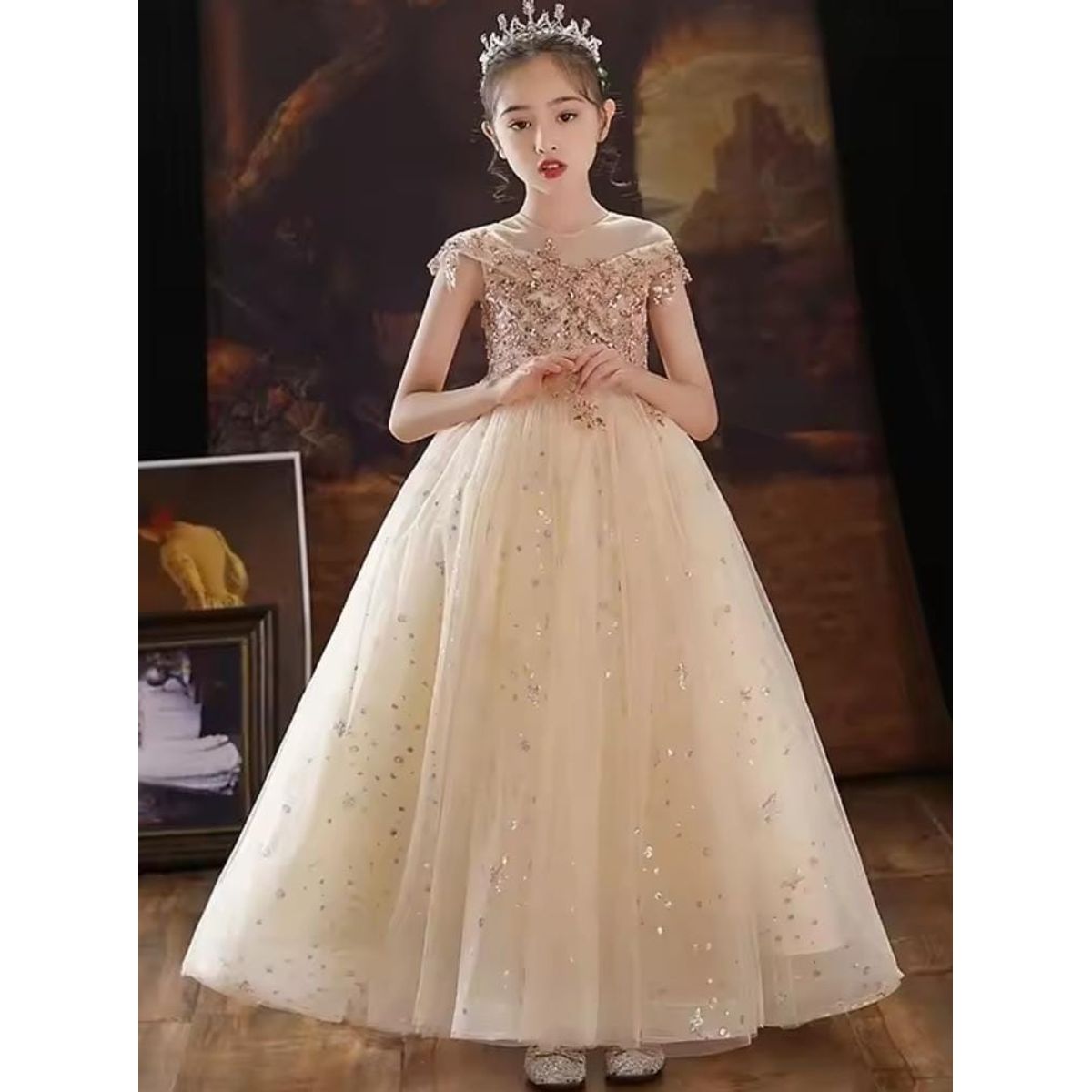 GENERICO - Vestido Niña Princesa Champán con Pedrería Talla 10