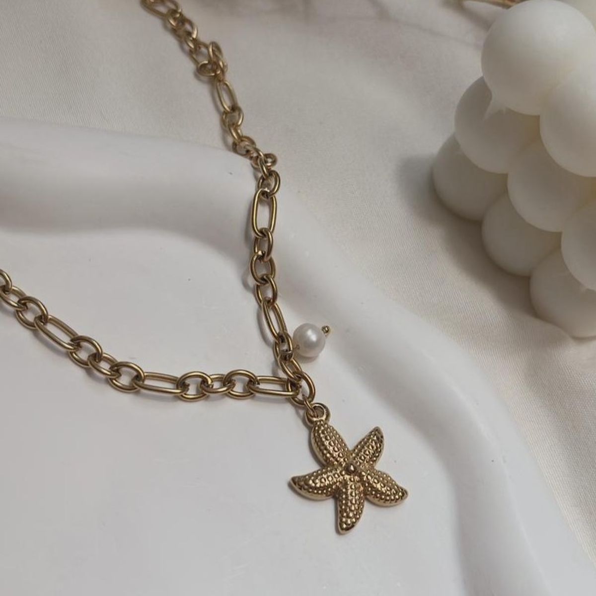 GENERICO - Collar Estrella de Mar con Perla Acero inoxidable PVD