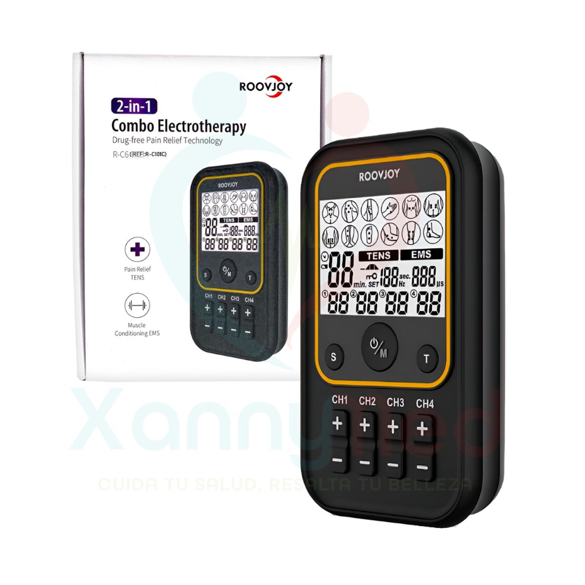 TENS - ELECTROESTIMULADOR TENS + EMS DE 4 CANALES - RECARGABLE