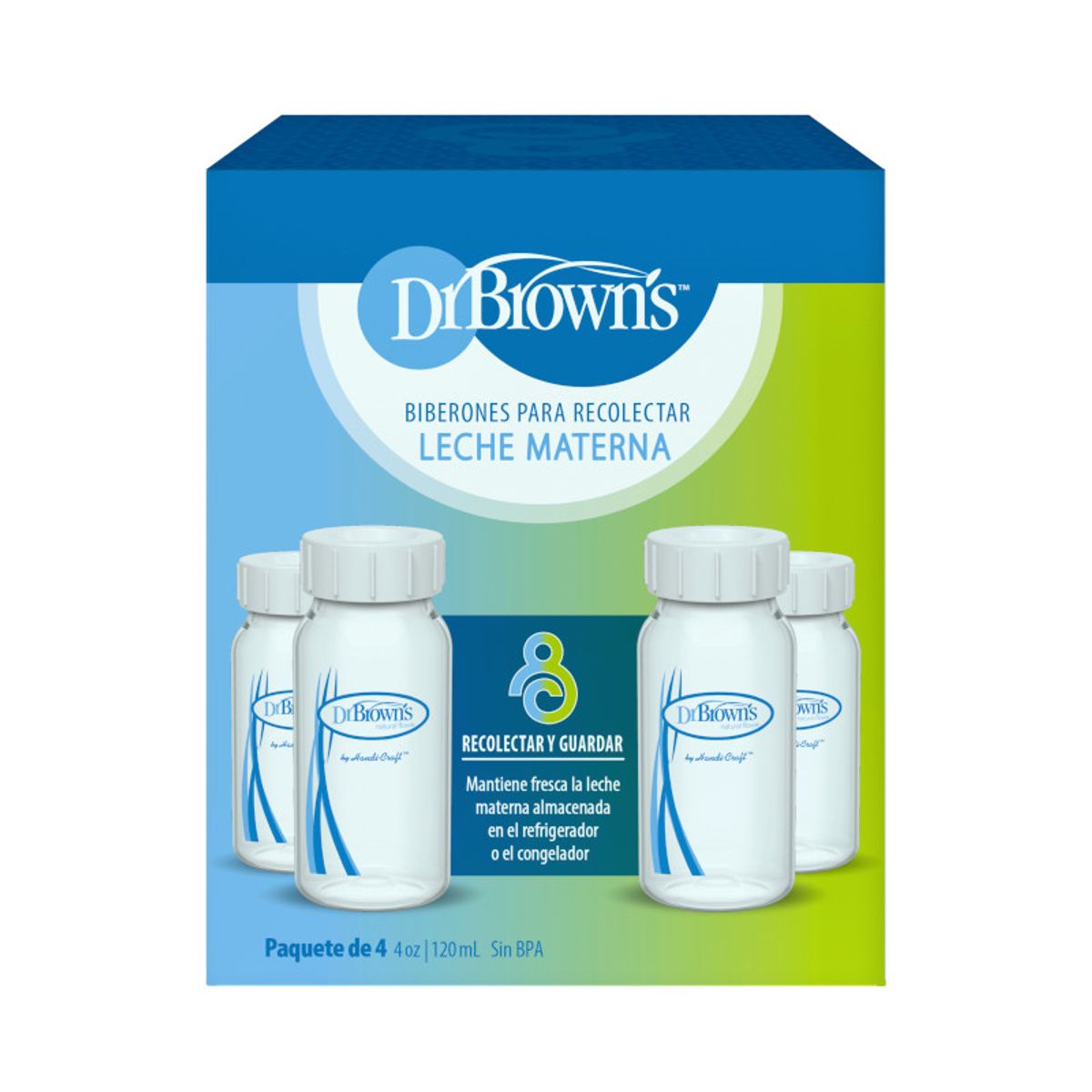 DR BROWNS - Set 4 Botellas almacenadoras de leche 4oz Polipropileno. Opt+ Boca Estrecha