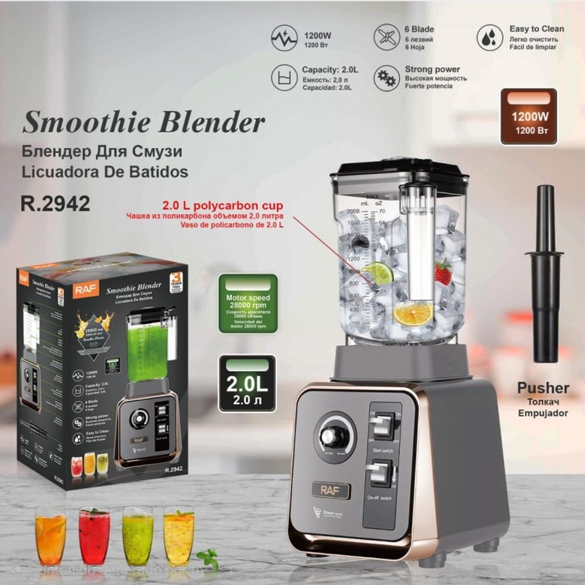 RAFF - Licuadora de Batidos Profesional  1200W  2L