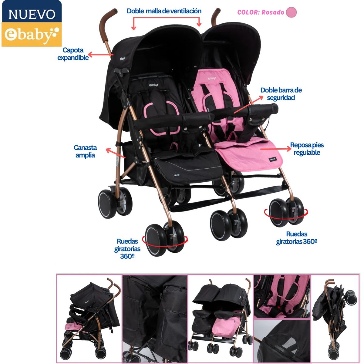 EBABY - Coche Mellicero Ebaby  con Respaldar Rosado