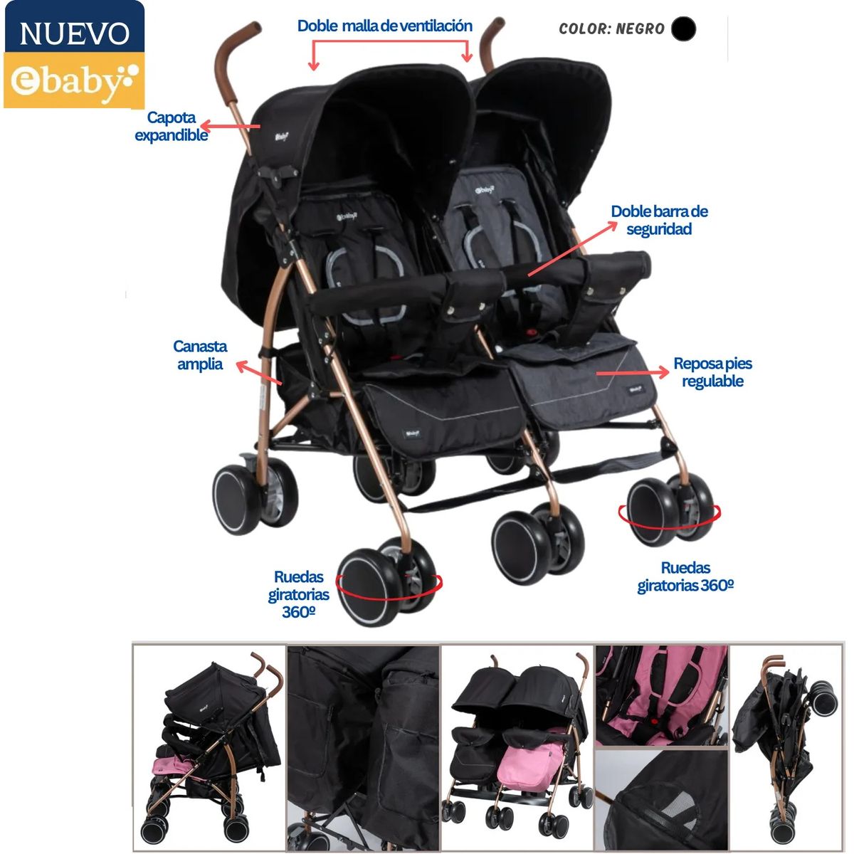 EBABY - Coche Mellicero Ebaby  con Respaldar Negro