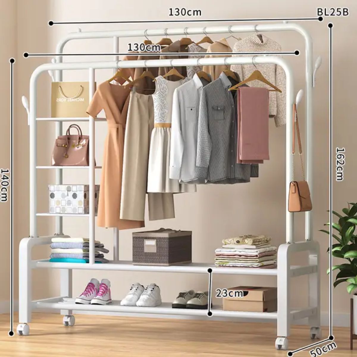 GENERICO - PERCHERO ORGANIZADOR  1,5 M DOBLE BARRA CON ESTANTES LATERALES