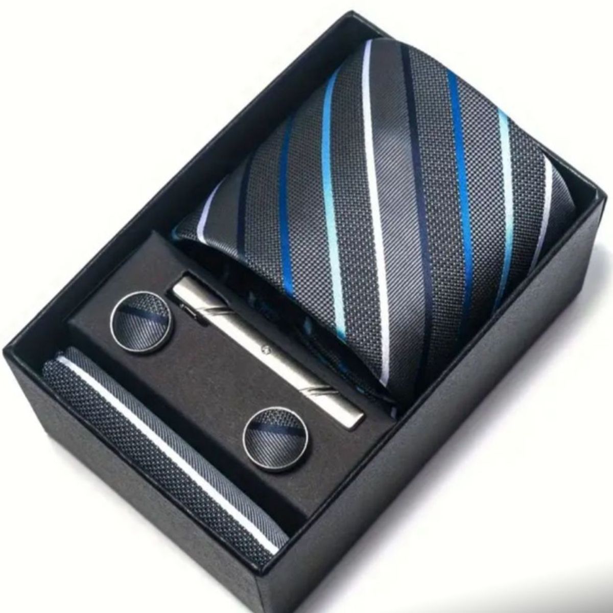 GENERICO - SET CORBATA PISA CORBATA GEMELOS PAÑUELO PLOMO A RAYAS