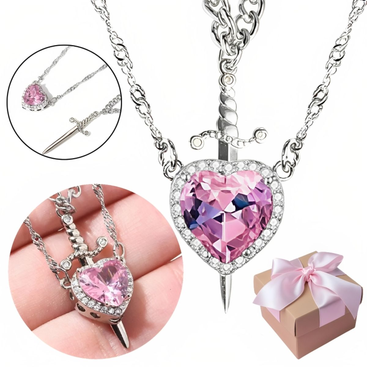 GENERICO - Collar De Pareja Corazón Y Espada Rosa Regalo Unico Exclusivo