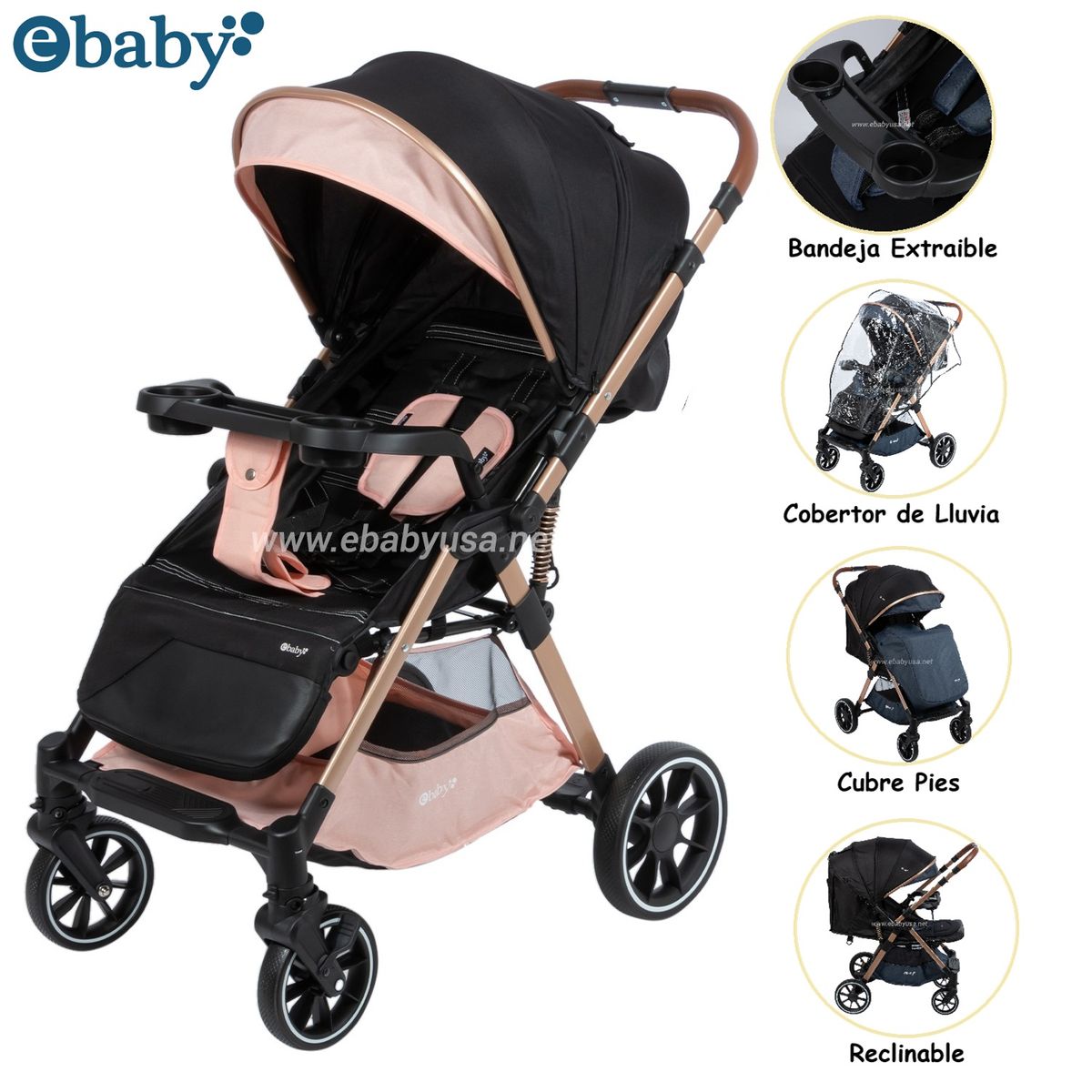 EBABY - Nuevo Coche Mango Reversible Ebaby Min -Rosado