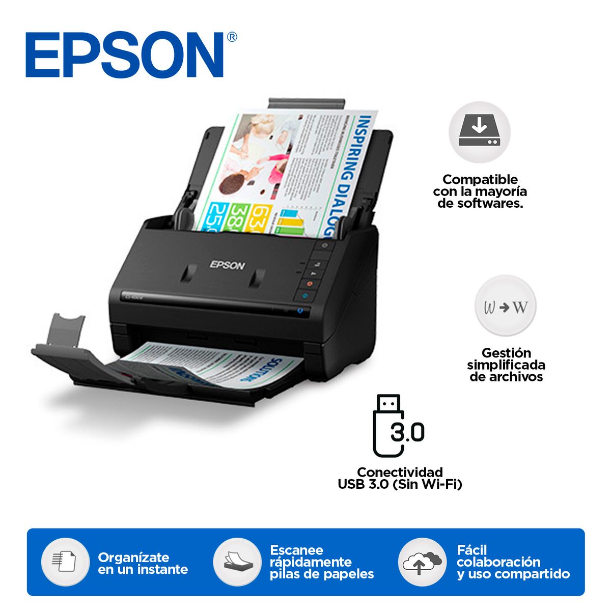 EPSON - Scanner Epson WorkForce ES-400 II con ADF USB 3.0 Escaner a color Duplex Wi-Fi Black