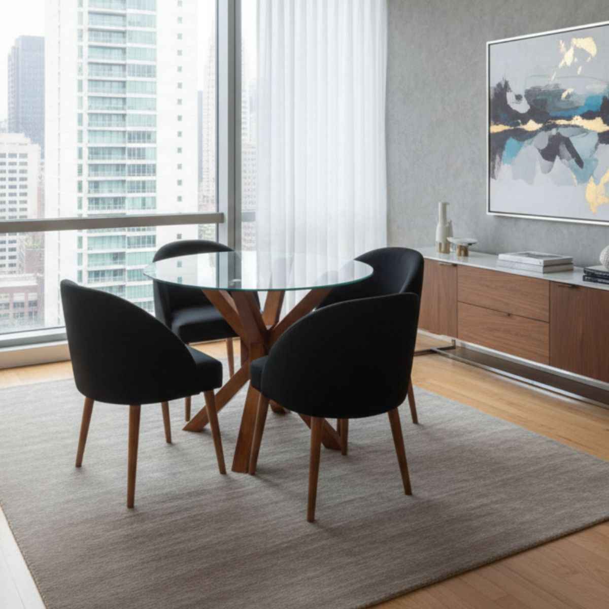 GENERICO - Comedor Moderno de 4 Sillas en Madera Tornillo con Tablero de Vidrio de 10 mm y Sillas  en Tela Chenille Antifluido