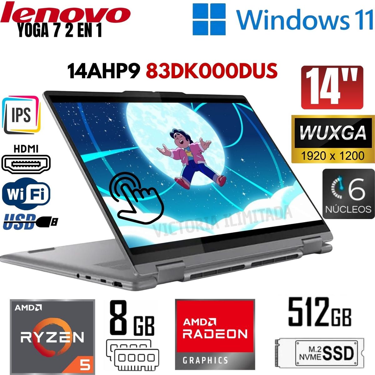 LENOVO - Laptop Lenovo 14HP9 Yoga 7 (2en1) AMD Ryzen5 - 8640HS 8GB RAM 512GB SSD 14" Pulg. WUXGA - 83DK000DUS