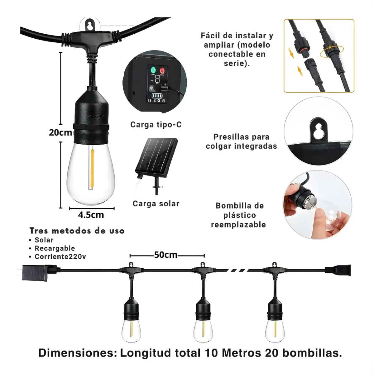Guirnalda Led Solar 3 En 1- 10m Exterior Impermeable, marca OEM - Foto 2