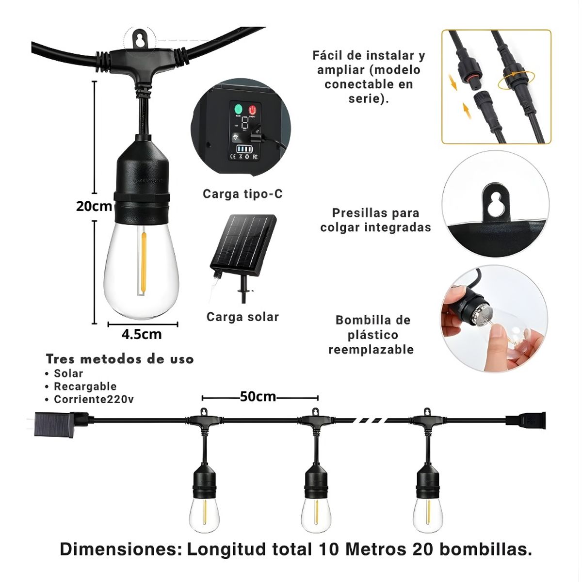 OEM - Guirnalda Led Solar 3 En 1- 10 Metros Exterior Impermeable