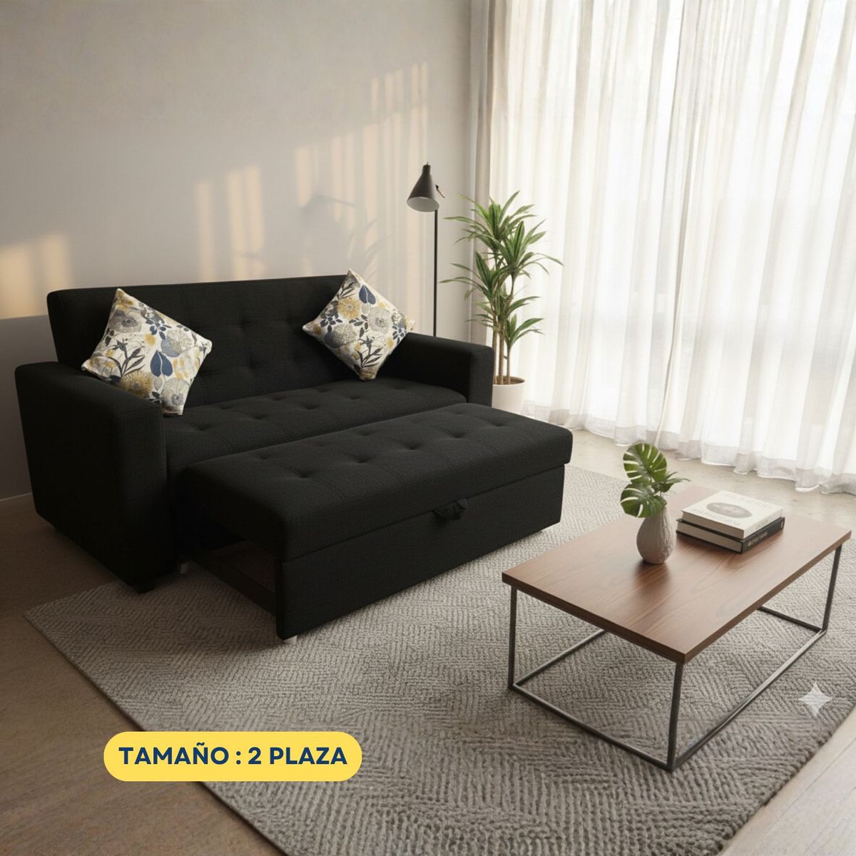 GENERICO - Sofá Cama Mónaco Negro  - 2 Plazas en Tela Antifluido de 170 cm x 75 cm Extensible a 150 cm