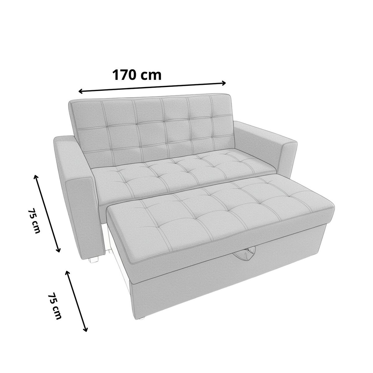 GENERICO - Sofá Cama Mónaco Negro  - 2 Plazas en Tela Antifluido de 170 cm x 75 cm Extensible a 150 cm
