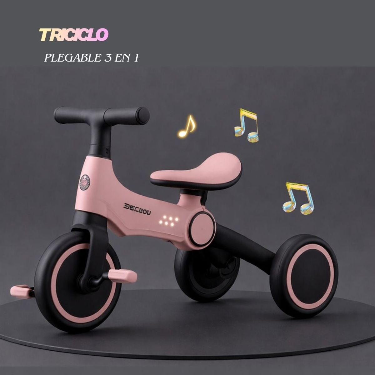 GENERICO - Triciclo Bicicleta Plegable 3 en 1 Musical & Luz para Niños en Rosado