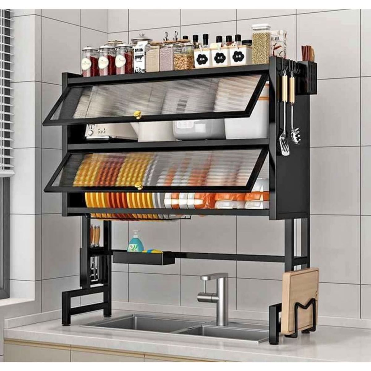 GENERICO - Escurridor 85cm de 2 Niveles con Tapa Secaplatos Almacenamiento Cocina Estante Organizador