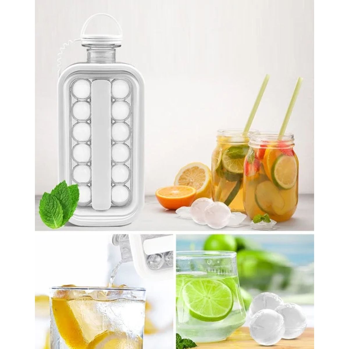 GENERICO - HIELERA BOTELLA PORTÁTIL MOLDE PARA HIELOS REDONDOS CON TAPA HERMÉTICA 17 ESFERAS DE HIELO