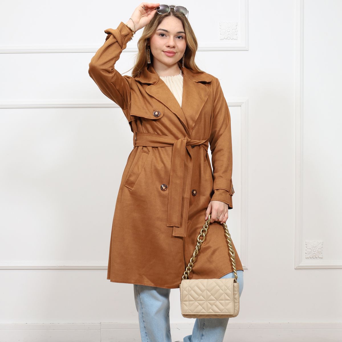 GENERICO - Abrigo largo tipo gabardina para mujer