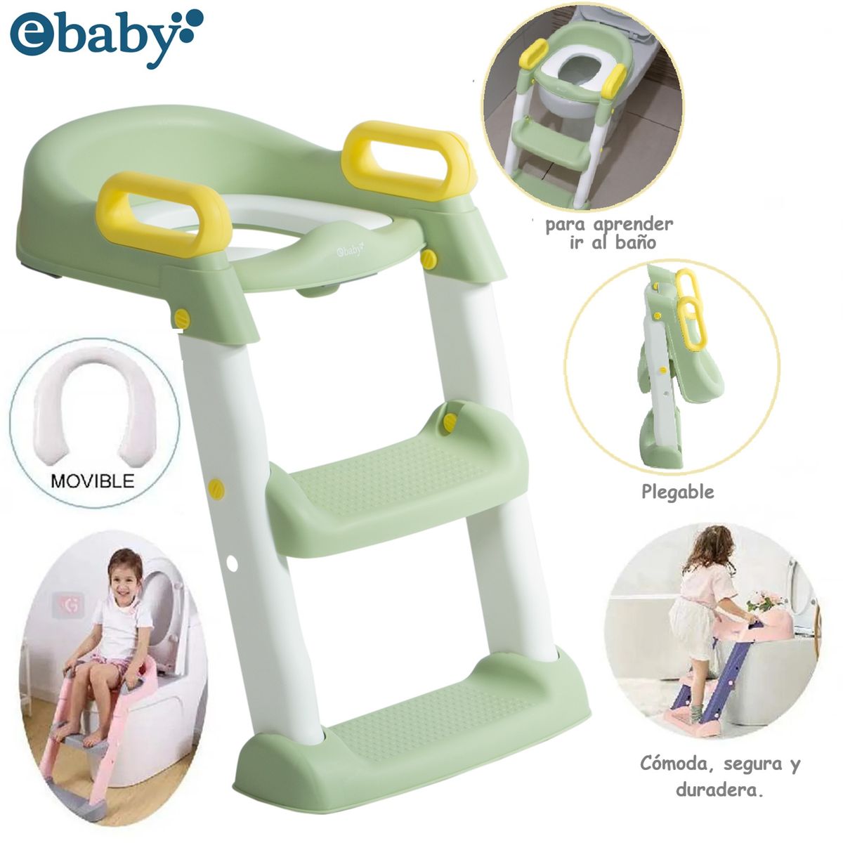 EBABY - Escalera de Baño para Bebes con Reposabrazos Plegable Verde