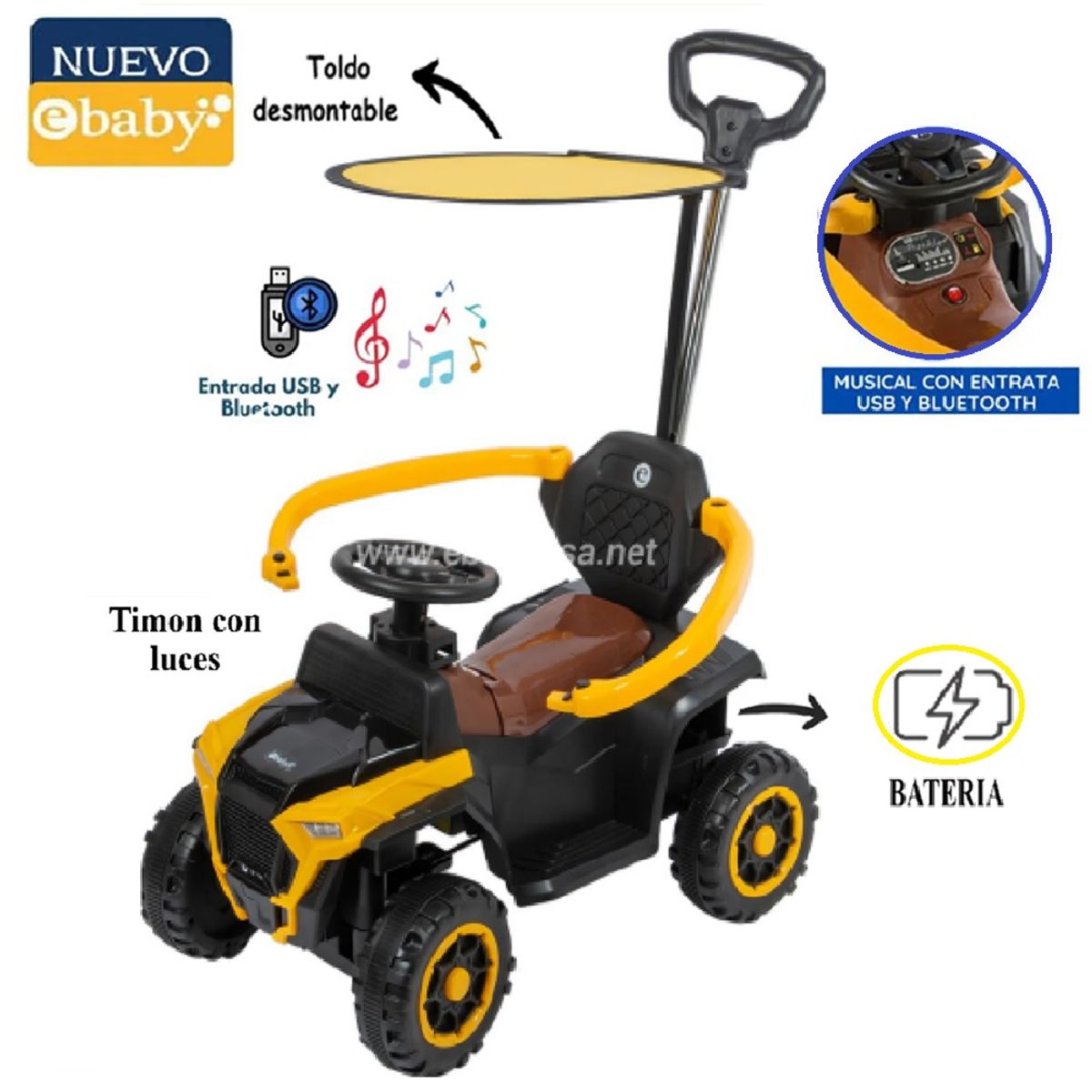 EBABY - Cuatrimoto Corre Pasillos 351w con Bateria Bluetooth y Sonido Amarillo