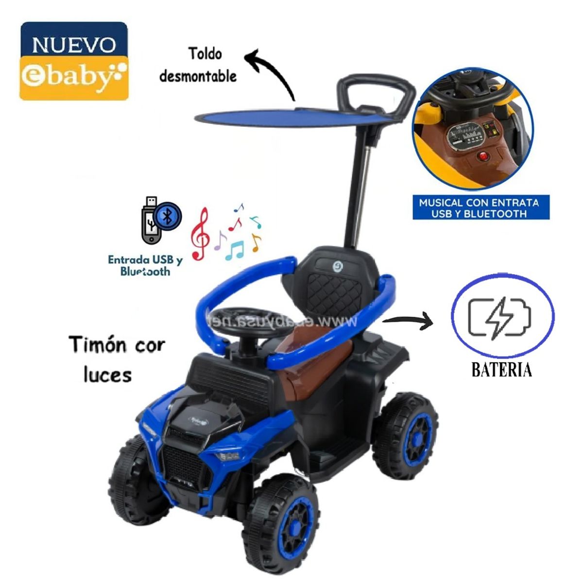 EBABY - Cuatrimoto Corre Pasillos 351w con Bateria Bluetooth y Sonido Azul