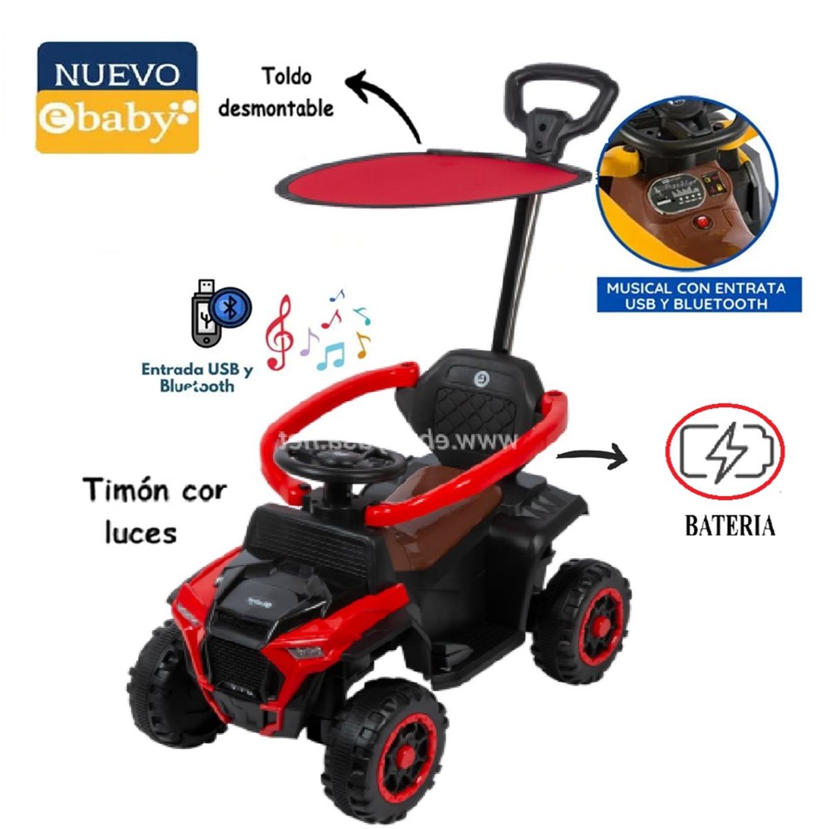 EBABY - Cuatrimoto Corre Pasillos 351w con Bateria Bluetooth y Sonido Rojo