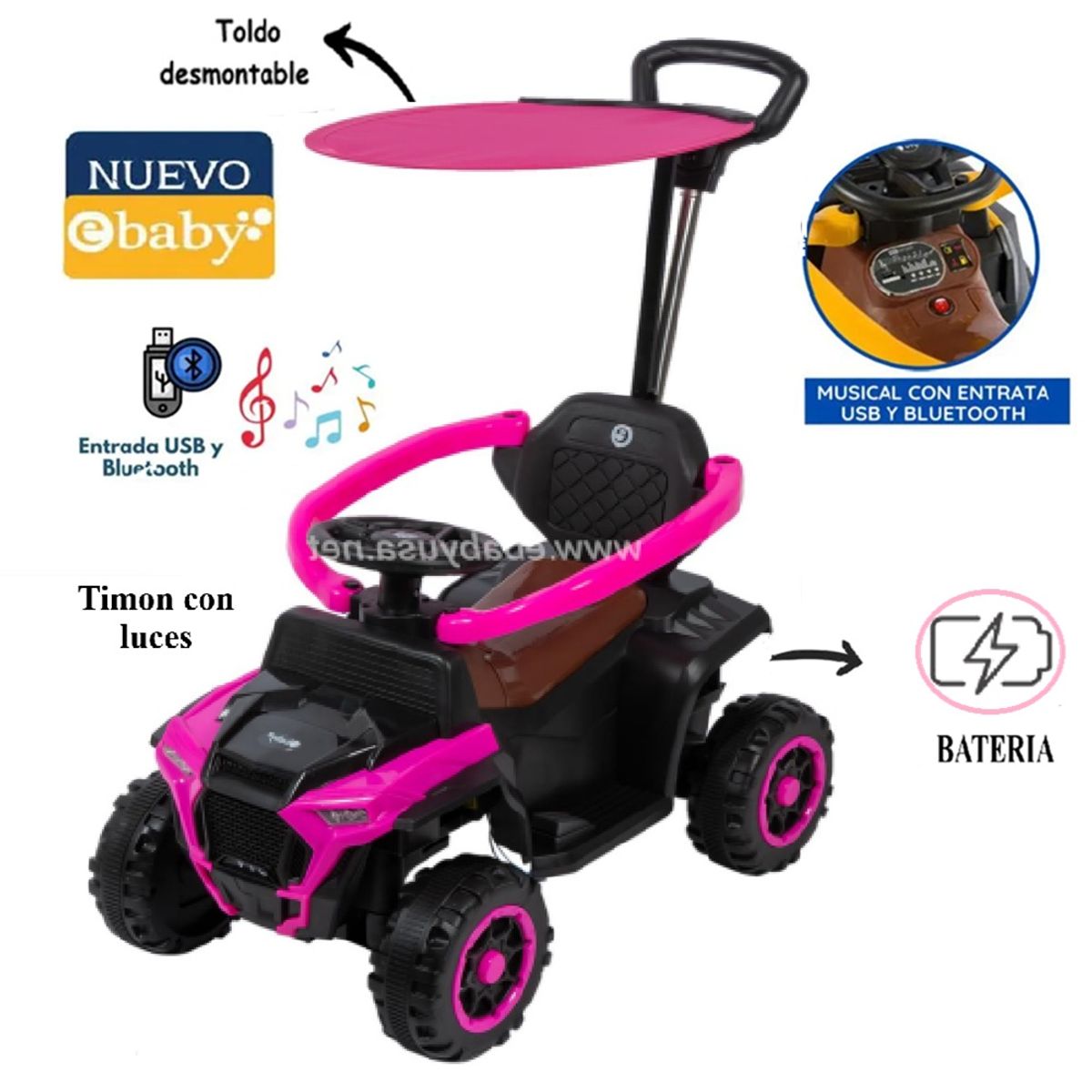 EBABY - Cuatrimoto Corre Pasillos 351w con Bateria Bluetooth y Sonido Rosado