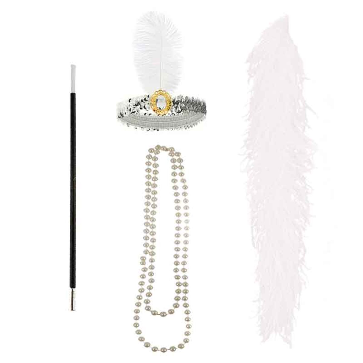 GENERICO - Kit de Accesorios Charleston Mujer  Look Vintage 1920s Diadema Perlas Pipa y Plumas