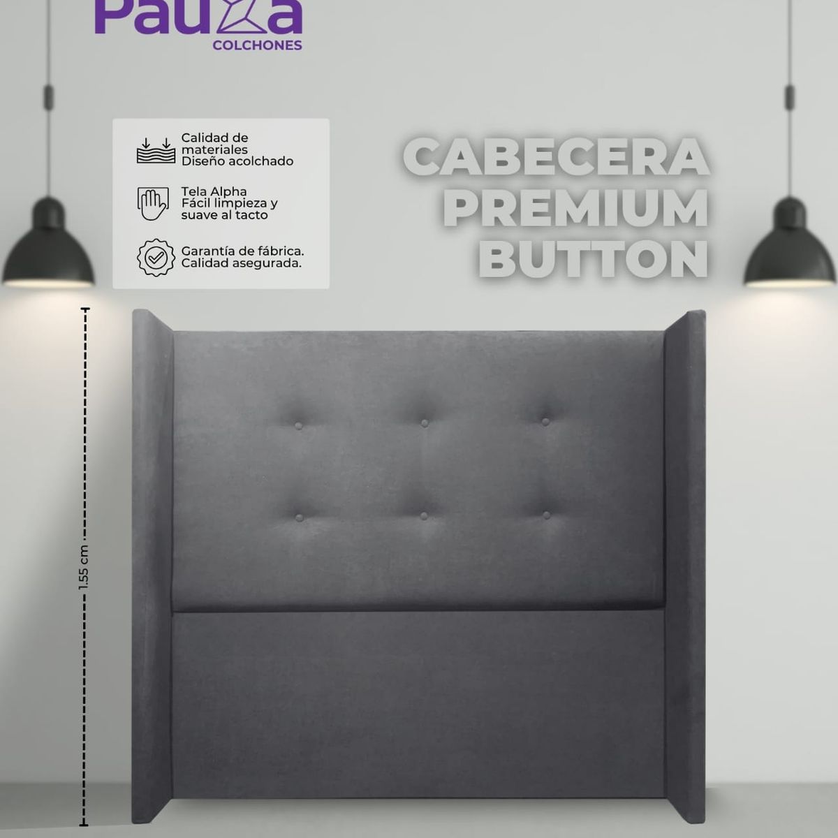 CABECERA PAUZA PREMIUM BUTTON QUEEN GRIS, marca PAUZA - Foto Principal