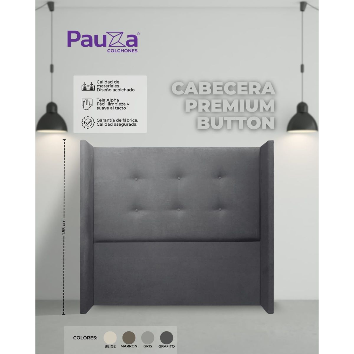 CABECERA PAUZA PREMIUM BUTTON QUEEN GRIS, marca PAUZA - Foto Principal