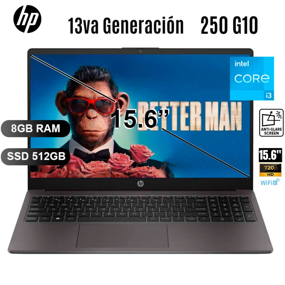 HP - Laptop HP 250 G10 Intel Core i3-1315U 8GB RAM 512GB SSD 15.6" HD Free Dos - A29CMLA