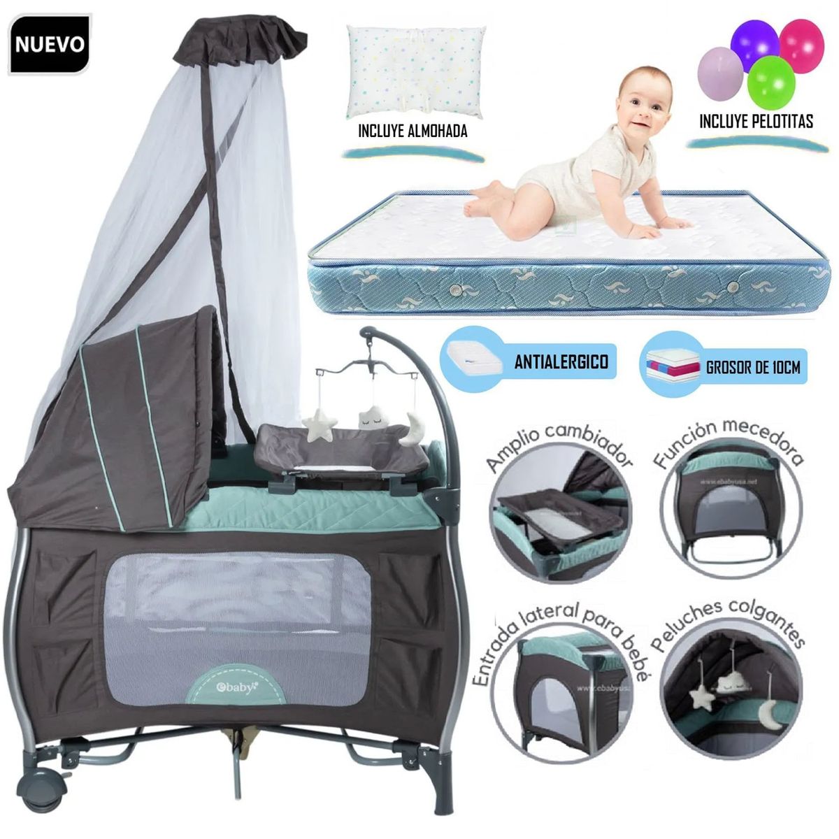 EBABY - Cuna corral Musical Napy Verde y Colchón Celeste