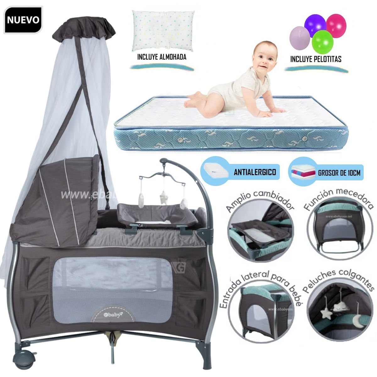 EBABY - Cuna corral Napy Gris y Colchón Celeste