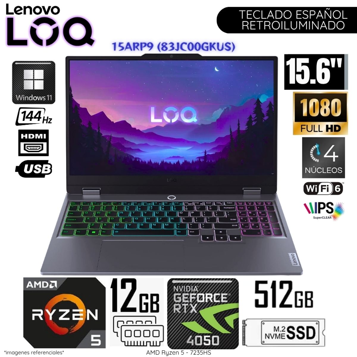 LENOVO - Laptop Lenovo LOQ 15ARP9 AMD Ryzen 5 -7235HS 12GB RAM 512GB SSD RTX4050-6GB 15.6"  FHD 83JC00GKUS