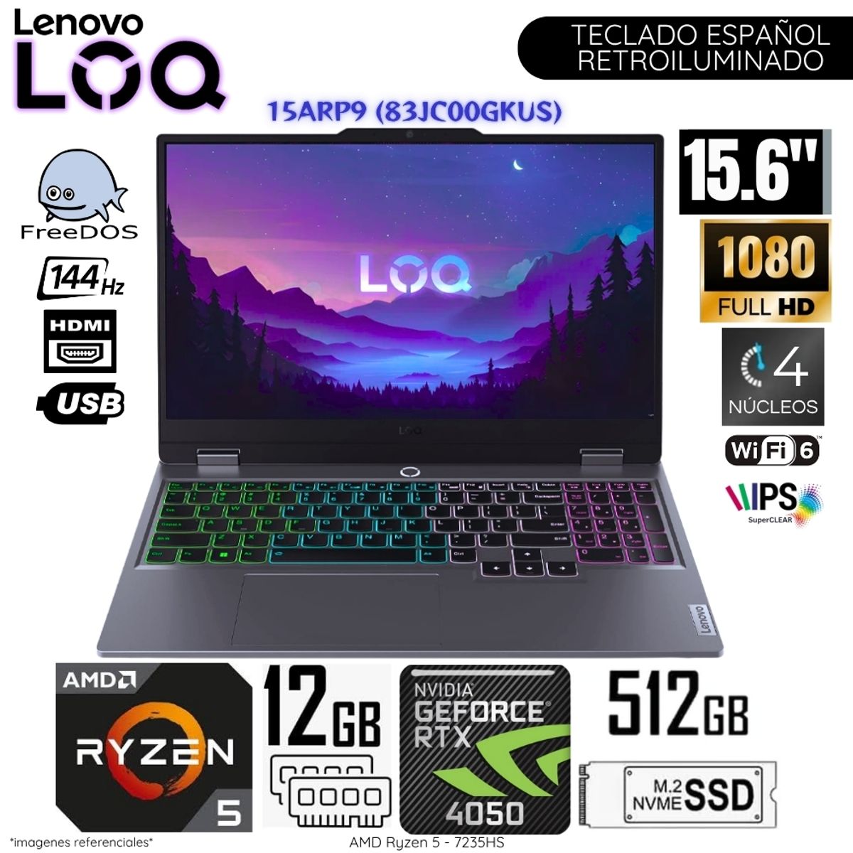 LENOVO - Laptop Lenovo LOQ 15ARP9 AMD Ryzen 5 -7235HS 12GB RAM 512GB SSD RTX4050-6GB 15.6"  FHD 83JC00GKUS