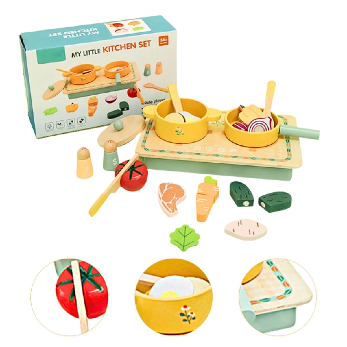 GENERICO - Juguete Didactico Set de Cocina con Ollas de Madera