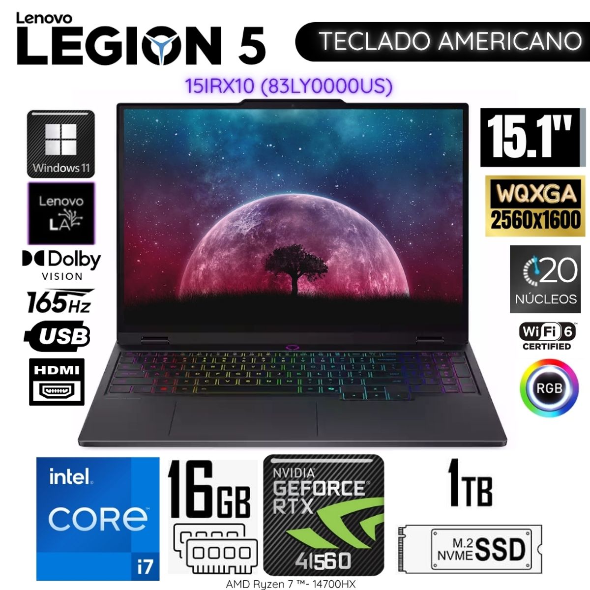 LENOVO - Laptop Lenovo Legion 5 Intel Core i7-14700HX 16GB RAM 1TB SSD RTX 5060-8GB 15.1"  WQXGA - 83LY0000US